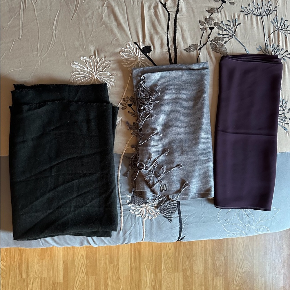 Set of Three Scarves in Black, Gray, and Purple